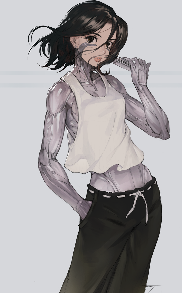 1girl black_hair breasts cyborg earrings gally grey_background gunnm harmonica highres instrument jewelry looking_at_viewer na_in-sung pants short_hair sideboob simple_background solo tank_top