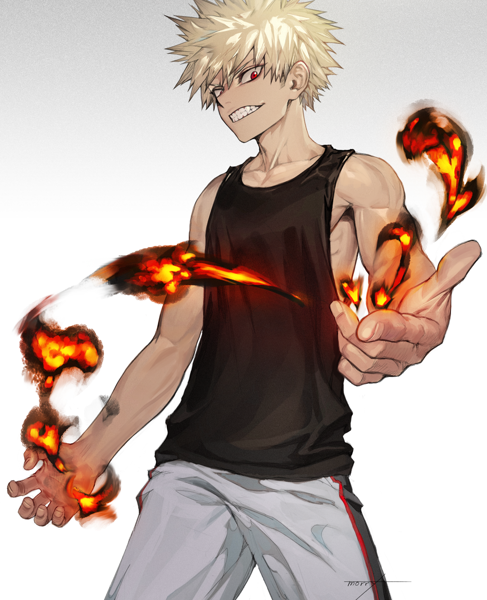 1boy bakugou_katsuki black_tank_top blonde_hair boku_no_hero_academia clenched_teeth fire gradient gradient_background grey_background highres looking_at_viewer male_focus na_in-sung red_eyes short_hair signature sleeveless solo tank_top teeth