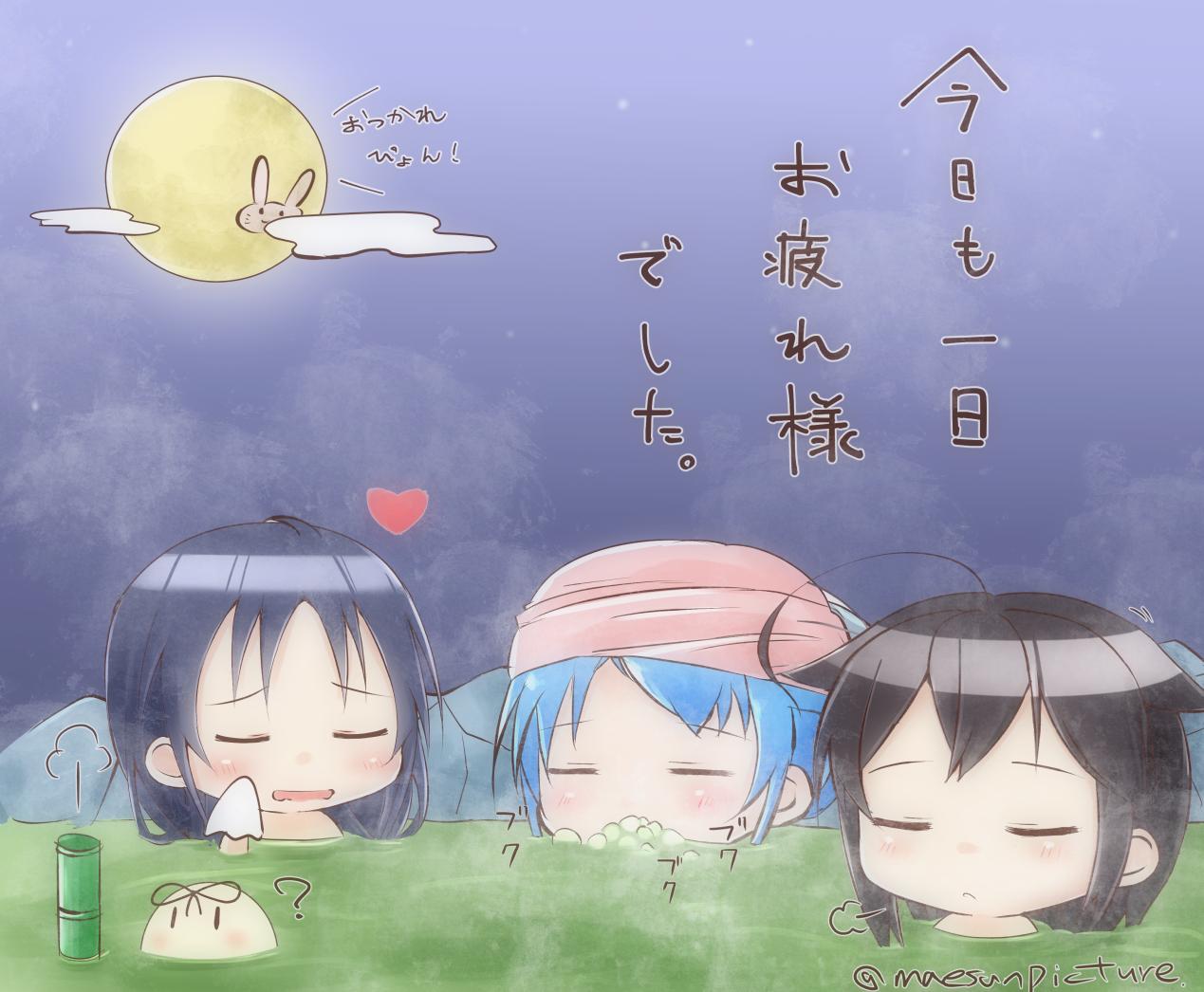 1other 3girls ? ahoge artist_name bamboo bangs blue_hair blush brown_hair bunny chibi commentary_request eyes_closed hair_flaps hair_ribbon heart holding holding_towel kantai_collection mae_(maesanpicture) moon multiple_girls night night_sky onsen outdoors remodel_(kantai_collection) ribbon samidare_(kantai_collection) shigure_(kantai_collection) sidelocks sky suzukaze_(kantai_collection) swept_bangs the_yuudachi-like_creature towel towel_on_head translation_request water