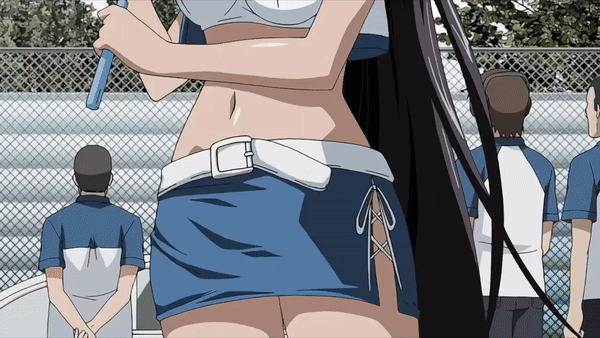 1girl animated belt breasts cleavage eyes_closed hair_over_one_eye holding holding_umbrella ikkitousen kan'u_unchou large_breasts long_hair navel race_queen skirt umbrella unconscious very_long_hair