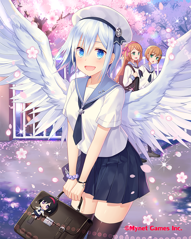 3girls angel_wings black_legwear black_neckwear black_skirt blue_eyes blush bracelet breasts briefcase brown_hair cherry_blossoms company_name cross day eyebrows_visible_through_hair falkyrie_no_monshou green_eyes hair_ornament hat holding_briefcase jewelry long_hair looking_at_another looking_at_viewer medium_breasts multiple_girls natsumekinoko necktie official_art open_mouth outdoors railing sailor_collar sailor_hat short_hair short_sleeves skirt smile thighhighs tree uniform white_hair white_hat wings x_hair_ornament
