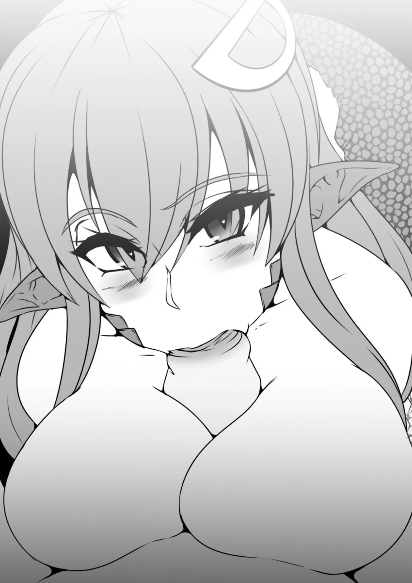 1boy 1girl blush breasts elakan erection eyebrows_visible_through_hair fellatio greyscale hair_between_eyes hair_ornament heart heart-shaped_pupils highres lamia large_breasts long_hair looking_at_viewer lying_on_person miia_(monster_musume) monochrome monster monster_girl monster_musume_no_iru_nichijou no_bra no_nipples oral paizuri penis pointy_ears pov reptile scales slit_pupils snake snake_tail solo_focus symbol-shaped_pupils tail