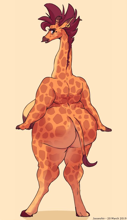 2019 anthro big_breasts big_butt breasts butt ear_piercing ear_ring female giraffe giraffe_mom giraffid hooves huge_breasts huge_butt javanshir looking_at_viewer looking_back mammal mature_female nude overweight piercing simple_background slightly_chubby smile solo thick_thighs wide_hips