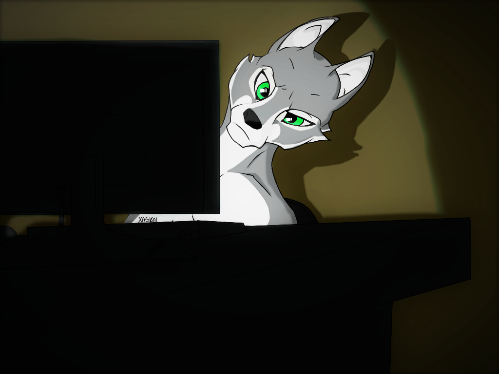 2019 angry annoyed anthro canid canine canis chair clothed clothing computer desk digital_media_(artwork) fur green_eyes looking_at_viewer male mammal night sitting solo topless wolf xaskai zack_(xaskai)