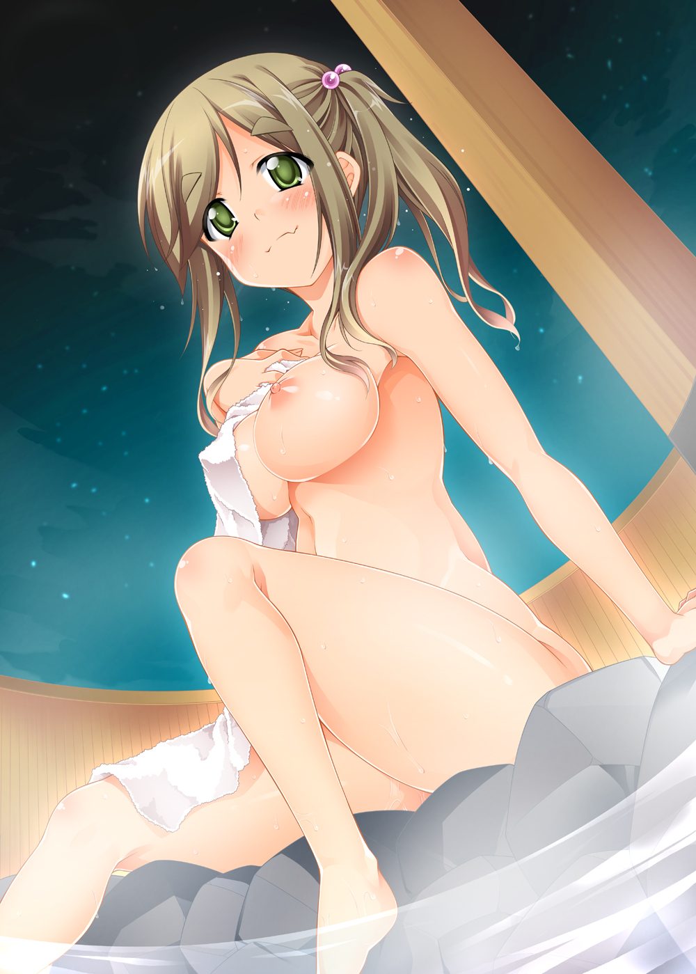 1girl bbgaoimikan blush breasts brown_hair closed_mouth collarbone commentary covering eyebrows_visible_through_hair fang fisheye from_below green_eyes hair_bobbles hair_ornament highres inuyama_aoi large_breasts long_hair looking_at_viewer midriff night nipples nude nude_cover onsen outdoors side_ponytail sitting sky smile solo star_(sky) starry_sky steam thick_eyebrows towel water yurucamp