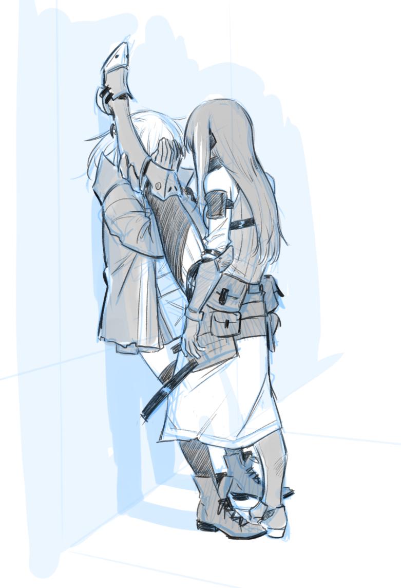 2girls against_wall blue_theme boots covering_face girls_frontline gloves greaves jacket leaning_back leg_lift long_hair m4a1_(girls_frontline) maiqtells monochrome multiple_girls pouch sidelocks sketch st_ar-15_(girls_frontline) standing standing_on_one_leg thighhighs wall_slam