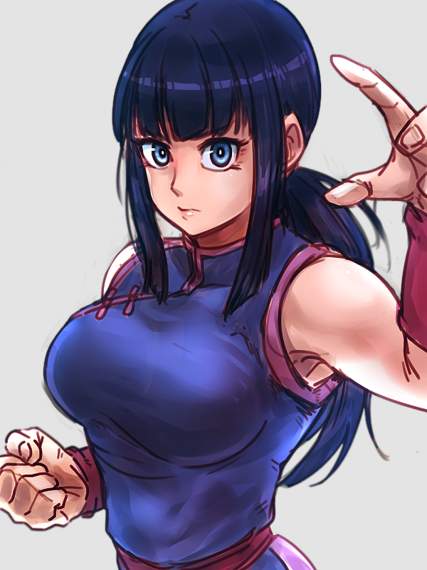 1girl armpits bangs bare_shoulders black_hair blue_eyes breasts chi-chi_(dragon_ball) chinese_clothes clenched_hand dragon_ball dragon_ball_(classic) dress expressionless eyebrows_visible_through_hair fighting_stance fingernails grey_background looking_at_viewer medium_breasts ponytail simple_background sleeveless sleeveless_dress solo st62svnexilf2p9 upper_body v-shaped_eyebrows wristband