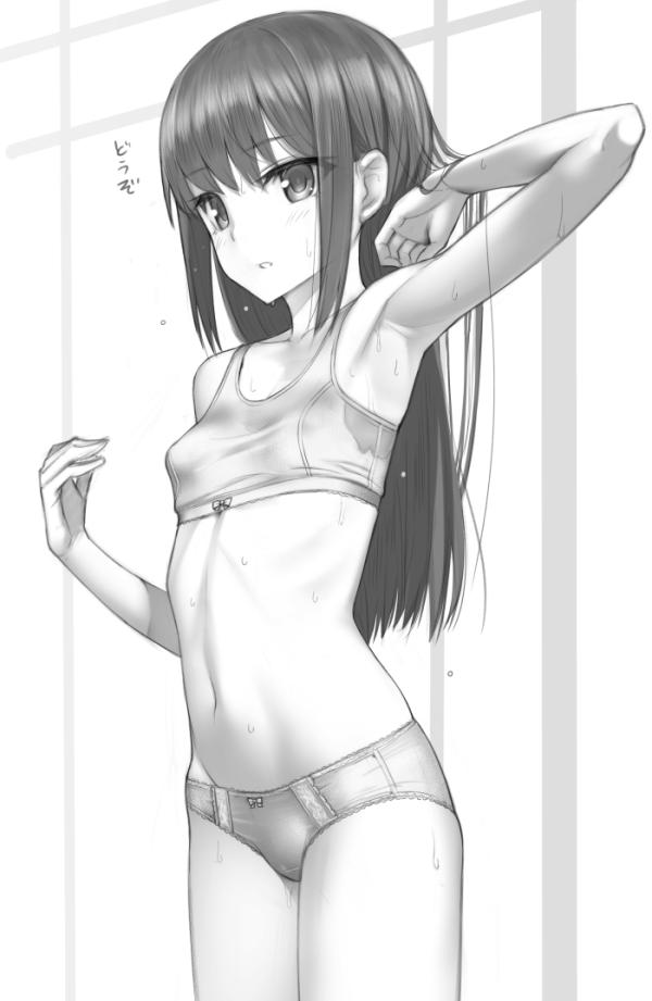 1girl arm_up armpits asashio_(kantai_collection) bra breasts commentary_request cowboy_shot eyebrows_visible_through_hair greyscale kantai_collection kanzaki_muyu long_hair monochrome navel panties parted_lips sidelocks small_breasts solo sweat training_bra underwear underwear_only