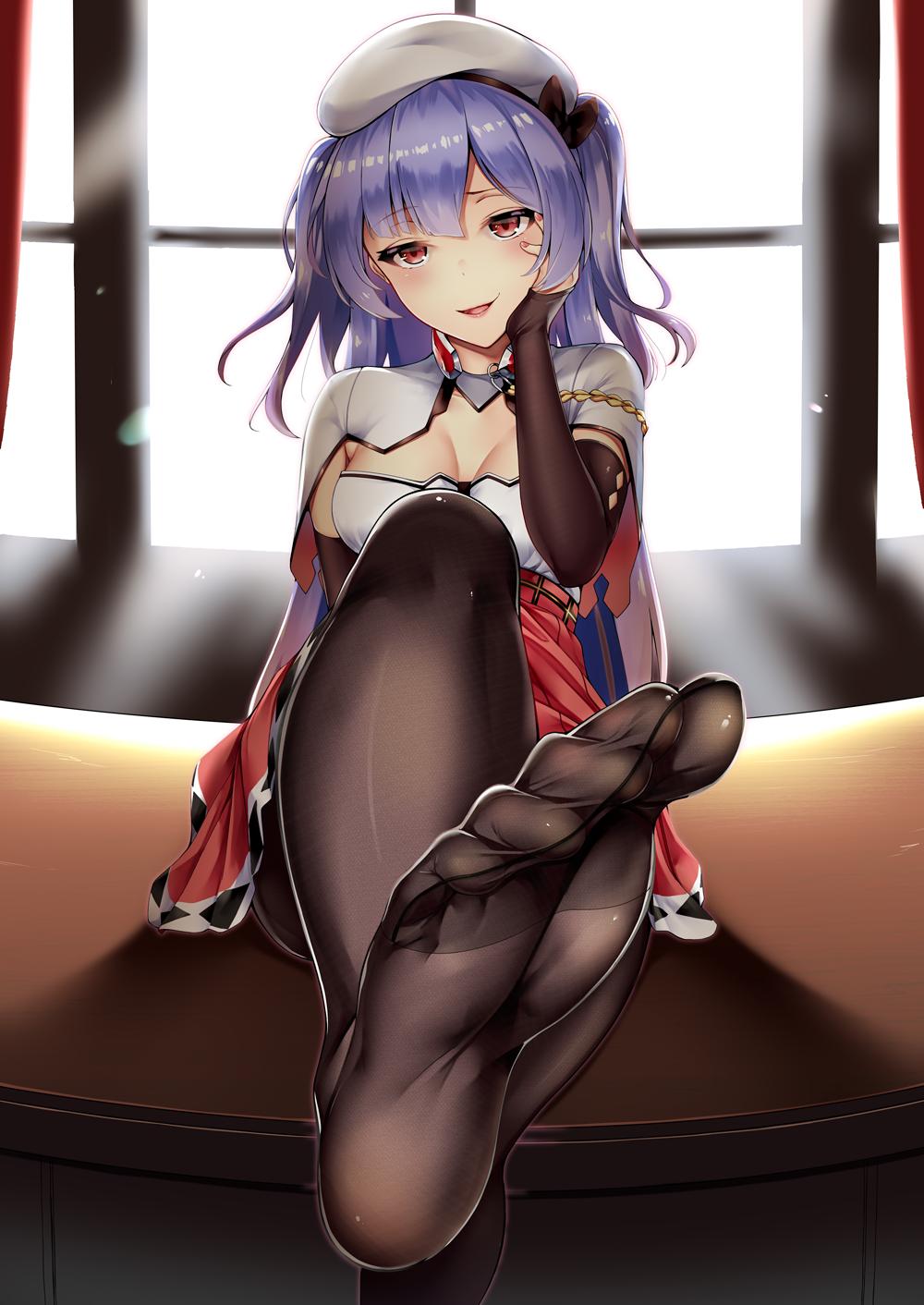 1girl 3104_(3104milkshake) aiguillette ajax_(azur_lane) azur_lane bangs beret black_legwear blush breasts capelet cleavage desk detached_sleeves eyebrows_visible_through_hair feet foot_up hand_on_own_cheek hat highres indoors long_hair long_sleeves looking_at_viewer nail_polish open_mouth pantyhose pink_nails purple_hair red_eyes red_skirt remodel_(azur_lane) sidelocks sitting skirt small_breasts smile soles solo toes two_side_up white_headwear window
