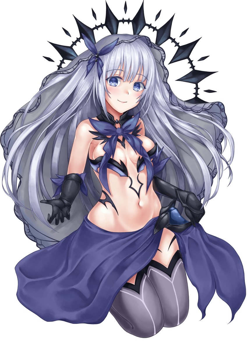 1girl bare_shoulders black_gloves blue_bow blue_eyes blue_skirt blush bow bowtie breasts cleavage crown date_a_live detached_collar elbow_gloves full_body gloves groin hair_between_eyes hair_bow highres long_hair medium_breasts navel reaching_out revealing_clothes seiza silver_hair simple_background sitting skirt skirt_hold smile solo sum_ku thighhighs tobiichi_origami veil very_long_hair white_background