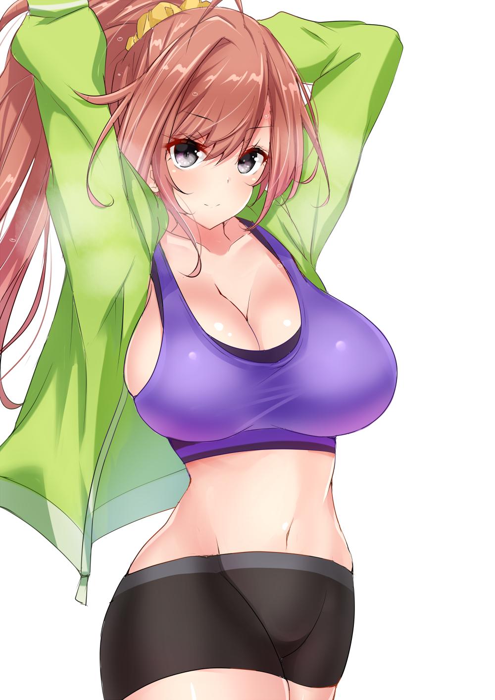 1girl arisugawa_natsuha arms_behind_head arms_up bandai_namco bangs bike_shorts black_eyes black_shorts blush bra breasts cleavage closed_mouth collarbone green_jacket highres idolmaster idolmaster_shiny_colors jacket large_breasts long_hair long_sleeves looking_at_viewer navel open_clothes open_jacket ponytail purple_bra red_hair sankakusui scrunchie shorts simple_background smile solo sports_bra stretch swept_bangs underwear white_background