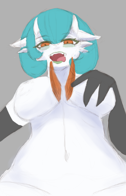 armwear blue_hair clothing elbow_gloves fangs female gloves hair horn humanoid mega_evolution mega_gardevoir mostly_nude nightlycatgirl nintendo not_furry pointy_ears pok&eacute;mon pok&eacute;mon_(species) red_eyes shiny_pok&eacute;mon sketch solo tongue tongue_out unfinished video_games