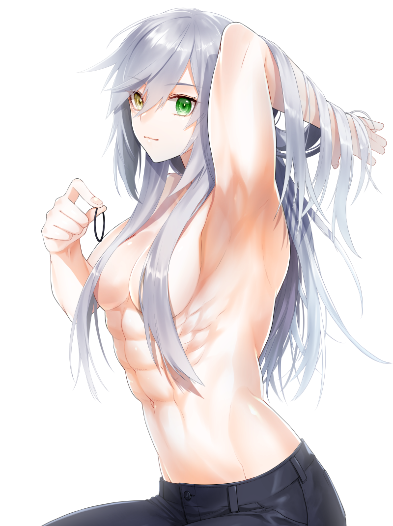 1girl abs arm_up armpits bad_anatomy bangs black_pants breasts collarbone commentary_request eyebrows_visible_through_hair eyes_visible_through_hair green_eyes groin hair_between_eyes hair_tie hand_in_hair hand_up heterochromia holding long_hair looking_at_viewer messy_hair muscle muscular_female navel original pants ribs shirtless sidelocks silver_hair simple_background small_breasts smile solo upper_body waka_(shark_waka) white_background yellow_eyes