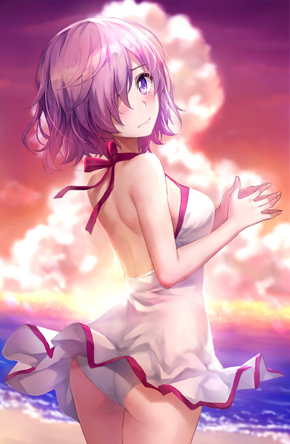 1girl ass back bare_back bare_shoulders beach blurry blurry_background blush casual_one-piece_swimsuit closed_mouth cloud cowboy_shot depth_of_field dusk fate/grand_order fate_(series) fingers_together from_side frown hair_over_one_eye halterneck highres looking_at_viewer looking_back mash_kyrielight one-piece_swimsuit outdoors own_hands_together pink_hair purple_eyes sand short_hair skirt solo swimsuit swimsuit_of_perpetual_summer thighs tonee white_swimsuit