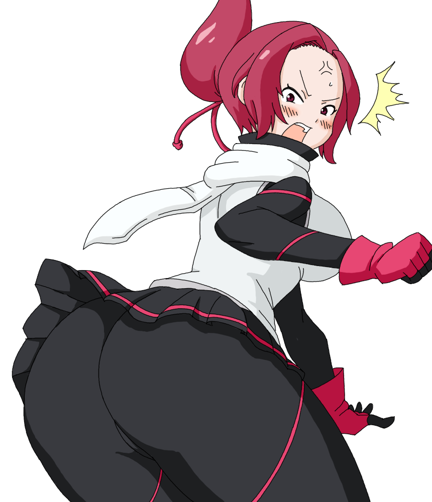 1girl anger_vein angry artist_request ass blush bodysuit bodysuit_under_clothes breasts cameltoe character_request copyright_request fang forehead from_behind gloves huge_ass large_breasts looking_at_viewer miniskirt open_mouth ponytail red_eyes red_hair shiny shiny_hair short_hair sideboob skirt solo