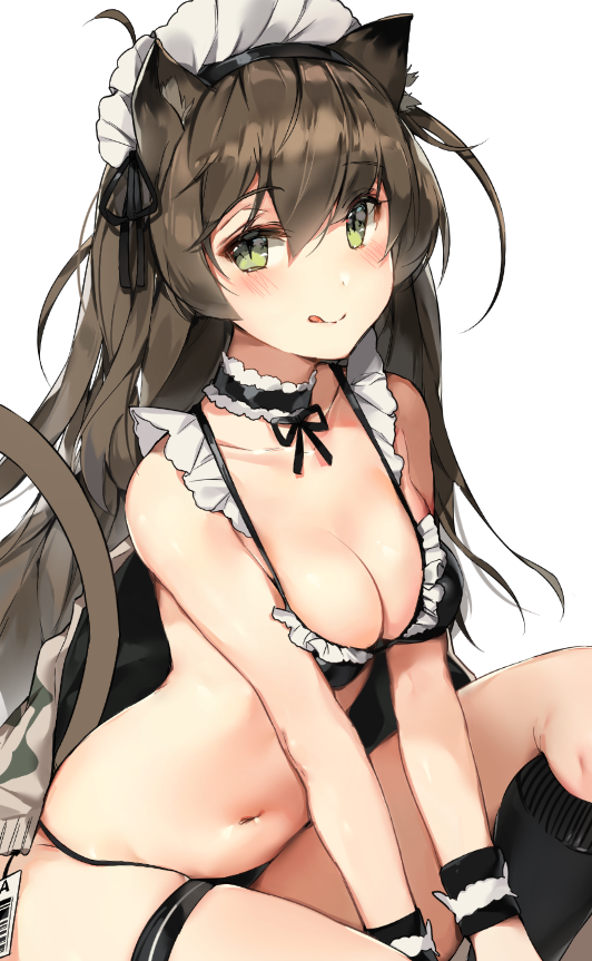 1girl :q animal_ears bangs bare_arms bare_shoulders bikini black_bikini black_choker black_legwear blush bow breasts brown_hair camouflage camouflage_jacket cat_ears cat_girl cat_tail choker cleavage collarbone eyebrows_visible_through_hair frilled_bikini frills green_eyes jacket jacket_removed kneehighs licking_lips long_hair looking_at_viewer maid_bikini maid_headdress medium_breasts navel one_side_up onew original simple_background skindentation slit_pupils smile stomach swimsuit tag tail thigh_strap thighs tongue tongue_out white_background wristband