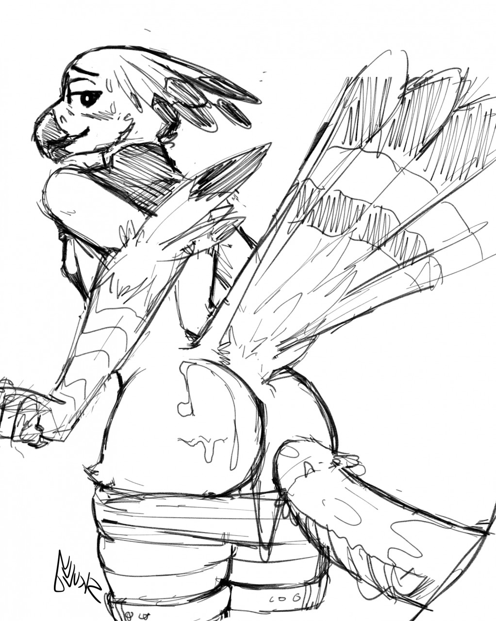 anthro avian breasts butt clothed clothing cum duo feathers female female_focus hi_res male male/female monochrome pants_down partially_clothed penis side_boob sketch skullysilverwolf solo_focus