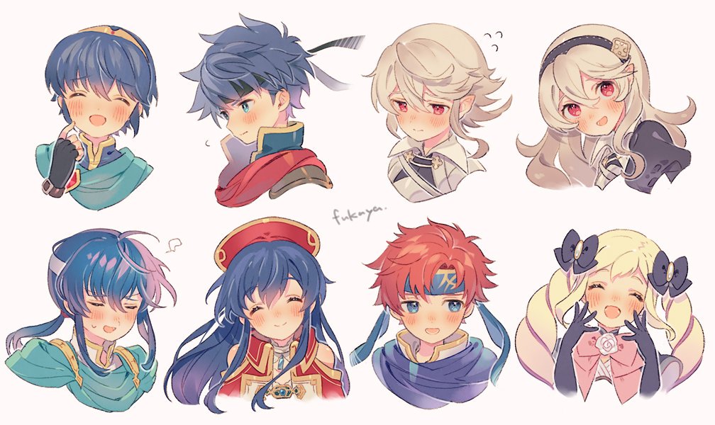 3girls 566zzz 5boys artist_name black_bow black_gloves black_hairband blonde_hair blue_eyes blue_hair blush bow celice_(fire_emblem) closed_mouth elise_(fire_emblem_if) eyes_closed female_my_unit_(fire_emblem_if) fingerless_gloves fire_emblem fire_emblem:_fuuin_no_tsurugi fire_emblem:_monshou_no_nazo fire_emblem:_seisen_no_keifu fire_emblem:_souen_no_kiseki fire_emblem_if gloves hair_bow hairband hat headband ike lilina long_hair male_my_unit_(fire_emblem_if) marth multicolored_hair multiple_boys multiple_girls my_unit_(fire_emblem_if) nintendo open_mouth pink_bow pointy_ears purple_hair red_eyes red_hair red_hat roy_(fire_emblem) short_hair simple_background smile spiked_hair tiara twintails white_background white_hair white_headband