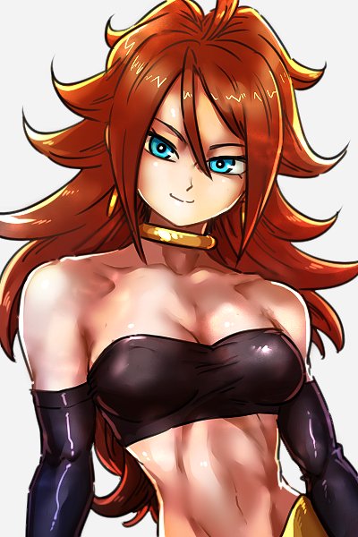 1girl android_21 bandeau bare_shoulders blue_eyes breasts brown_hair cleavage closed_mouth collarbone commentary_request curly_hair detached_sleeves dragon_ball dragon_ball_fighterz earrings hoop_earrings jewelry long_hair looking_at_viewer medium_breasts neck_ring revealing_clothes ring solo st62svnexilf2p9 upper_body very_long_hair