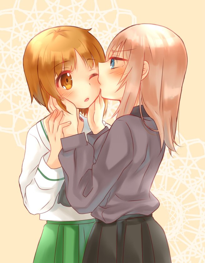 2girls :o ;o bad_id bad_twitter_id bangs black_neckwear black_skirt blouse blue_eyes blush brown_eyes brown_hair cheek_kiss doily dress_shirt eyebrows_visible_through_hair girls_und_panzer green_skirt grey_shirt hand_grab hands_on_another's_face itsumi_erika kiss kumasawa_(dkdkr) kuromorimine_school_uniform long_hair long_sleeves looking_at_another multiple_girls neckerchief nishizumi_miho one_eye_closed ooarai_school_uniform open_mouth pleated_skirt school_uniform serafuku shirt short_hair silver_hair skirt standing white_blouse yellow_background yuri