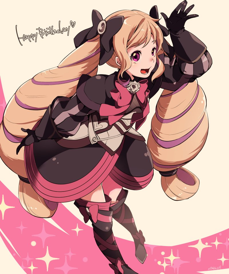 1girl ataka_takeru black_bow black_gloves blonde_hair bow dress elise_(fire_emblem_if) fire_emblem fire_emblem_if full_body gloves hair_bow happy_birthday long_hair long_sleeves multicolored_hair nintendo open_mouth pink_bow purple_eyes purple_hair solo twintails