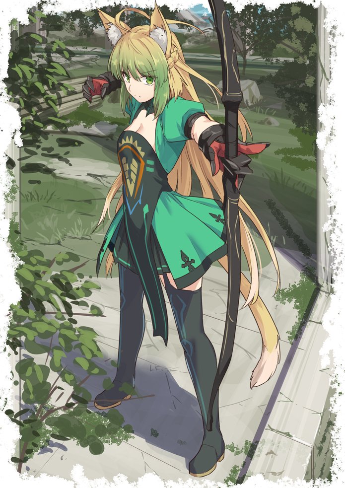 1girl ahoge animal_ears atalanta_(fate) blonde_hair bow_(weapon) breasts cat_ears cat_tail cleavage fate/apocrypha fate_(series) gloves grass green_eyes green_hair multicolored_hair shiseki_hirame small_breasts solo tail thighhighs tree weapon