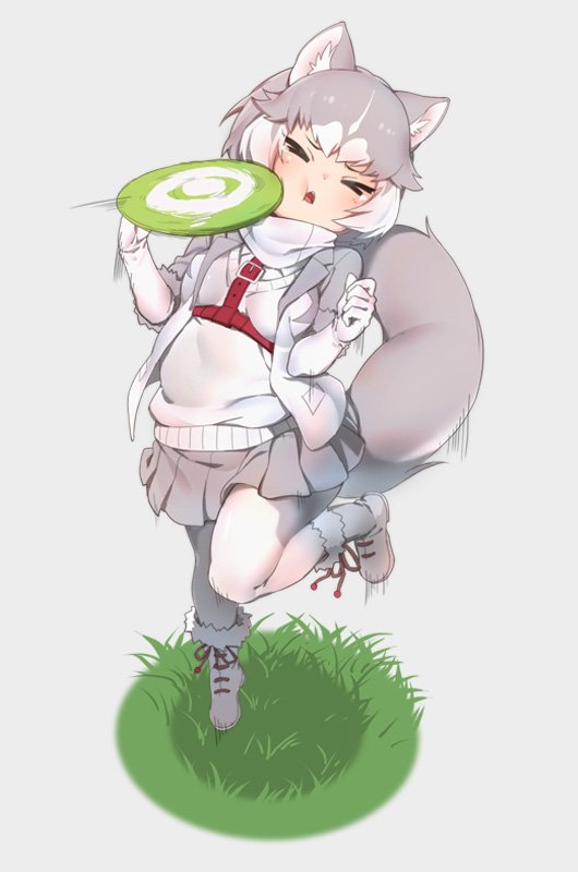1girl animal_ear_fluff animal_ears blush commentary_request dog_(mixed_breed)_(kemono_friends) dog_ears dog_tail elbow_gloves eyes_closed frisbee fur_trim gloves grass grey_hair harness headshot jacket japari_symbol kemono_friends multicolored_hair nyifu open_mouth pantyhose pleated_skirt scarf short_hair short_sleeves skirt solo standing standing_on_one_leg sweater tail white_gloves white_hair