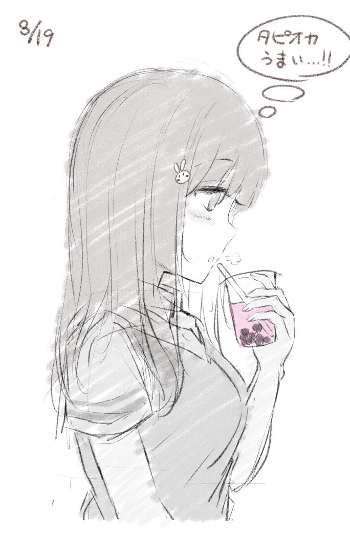 1girl 7_calpis_7 :o blush_stickers breasts bunny_hair_ornament collared_shirt commentary_request cup dated drink drinking_glass drinking_straw greyscale hair_ornament holding holding_cup long_hair monochrome original parted_lips profile school_uniform shirt short_sleeves simple_background sketch small_breasts solo spot_color sweater_vest translation_request upper_body white_background