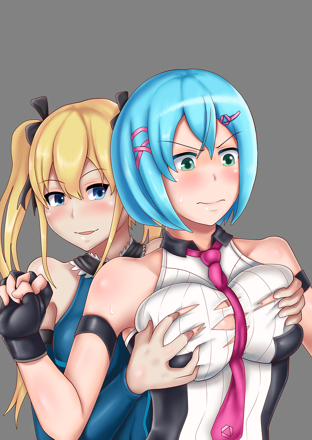 2girls aqua_eyes arm_warmers artist_request bare_shoulders between_breasts blonde_hair blue_eyes blue_hair blush breast_grab breasts dead_or_alive dead_or_alive_6 deep_skin embarrassed fingerless_gloves gloves grabbing hair_ornament hair_ribbon hairclip highres large_breasts leotard long_hair marie_rose multiple_girls naughty_face necktie nico_(doa) open_mouth ribbon shiny shiny_clothes shiny_hair shiny_skin shocked short_hair smile suprised sweat torn_clothes twintails wavy_mouth yuri