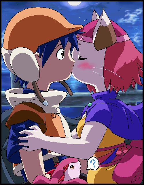 ? blue_hair blush brave_story clothing comic duo eyes_closed felid feline female g-sun hair hat human interspecies kissing low_res male male/female mammal meena moon night outside pink_hair wataru young