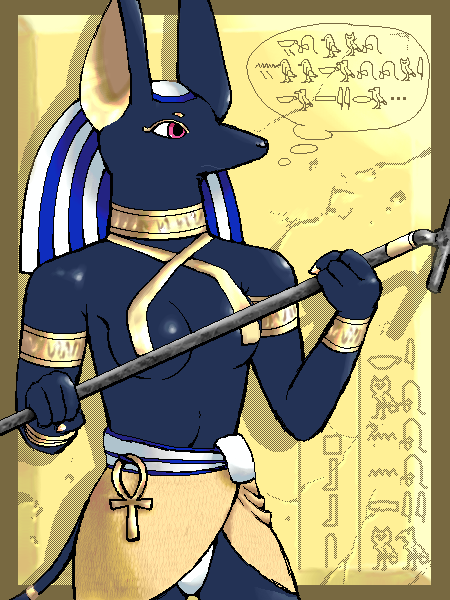 ankh anthro anubian_jackal anubis black_fur breasts canid canine canis clothing deity egyptian female fur g-sun hieroglyphics jackal mammal purple_eyes red_eyes solo staff standing thought_bubble