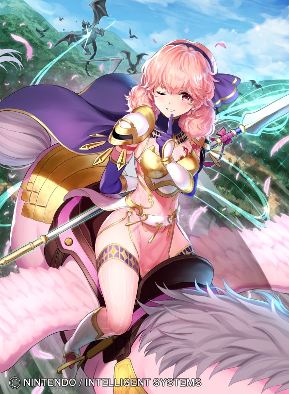 1girl alternate_costume armored_boots bat_wings boots breastplate cape curly_hair faceless feathered_wings fire_emblem fire_emblem_cipher fire_emblem_echoes:_mou_hitori_no_eiyuuou gloves hairband jenny_(fire_emblem) kousei_horiguchi nintendo official_art one_eye_closed pegasus pegasus_knight pink_eyes pink_hair polearm sky sparkle spear teeth thighhighs weapon wings