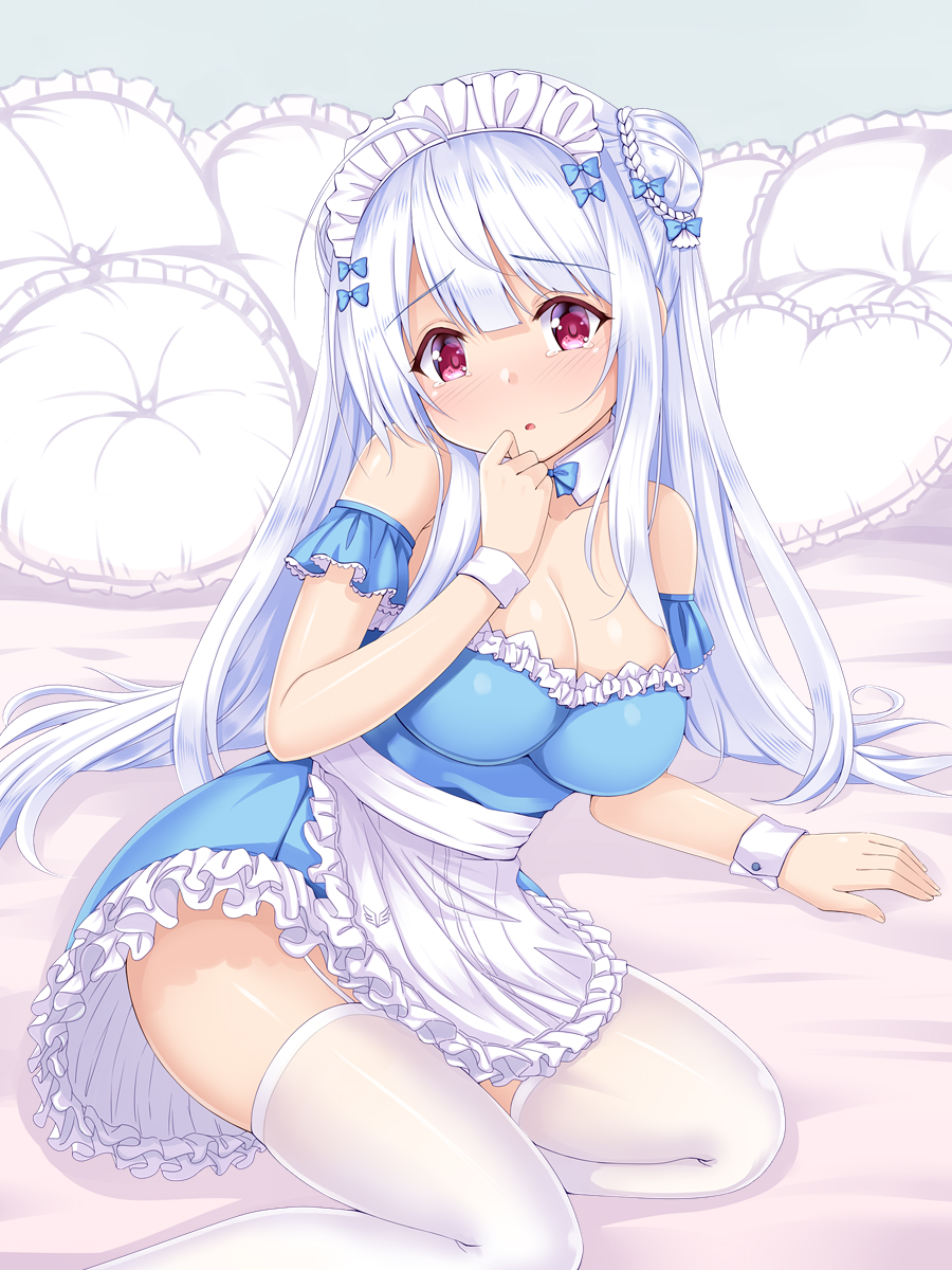 1girl apron azur_lane bangs bed_sheet blue_bow blue_dress blue_neckwear blush bow bowtie braid breasts cleavage collar commentary_request cygnet_(azur_lane) detached_collar dress eyebrows_visible_through_hair frilled_apron frilled_dress frilled_pillow frills hair_between_eyes hair_bow hair_bun hand_up head_tilt heart heart_pillow highres large_breasts long_hair looking_at_viewer maid maid_headdress nose_blush parted_lips pillow red_eyes side_bun silver_hair solo strapless strapless_dress tears thighhighs u2_(5798239) very_long_hair waist_apron white_apron white_collar white_legwear wrist_cuffs