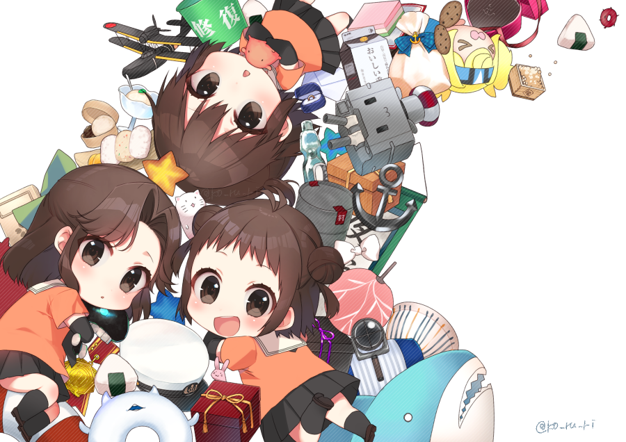 3girls anchor antenna_hair bangs bean black_skirt blush bow box brown_eyes brown_hair bucket bunny cat chibi chocolate chocolate_heart commentary_request cookie double_bun drum elbow_gloves enemy_lifebuoy_(kantai_collection) eyebrows_visible_through_hair fan food gambier_bay_(kantai_collection) gift gift_box gloves green_bow hair_between_eyes hair_bow hair_intakes hair_ornament half_updo hat heart heart-shaped_box holding holding_toy hug ice_cream instrument jewelry jintsuu_(kantai_collection) kantai_collection kneehighs koruri lifebuoy looking_at_viewer lying medal mochi multiple_girls naka_(kantai_collection) object_hug on_back on_side onigiri orange_shirt paper_fan peaked_cap ramune red_ribbon rensouhou-chan ribbon ring sailor_collar school_uniform seaplane sendai_(kantai_collection) serafuku shirt shoes short_hair simple_background skirt smile star stuffed_animal stuffed_shark stuffed_toy toy twitter_username two_side_up white_background white_bow