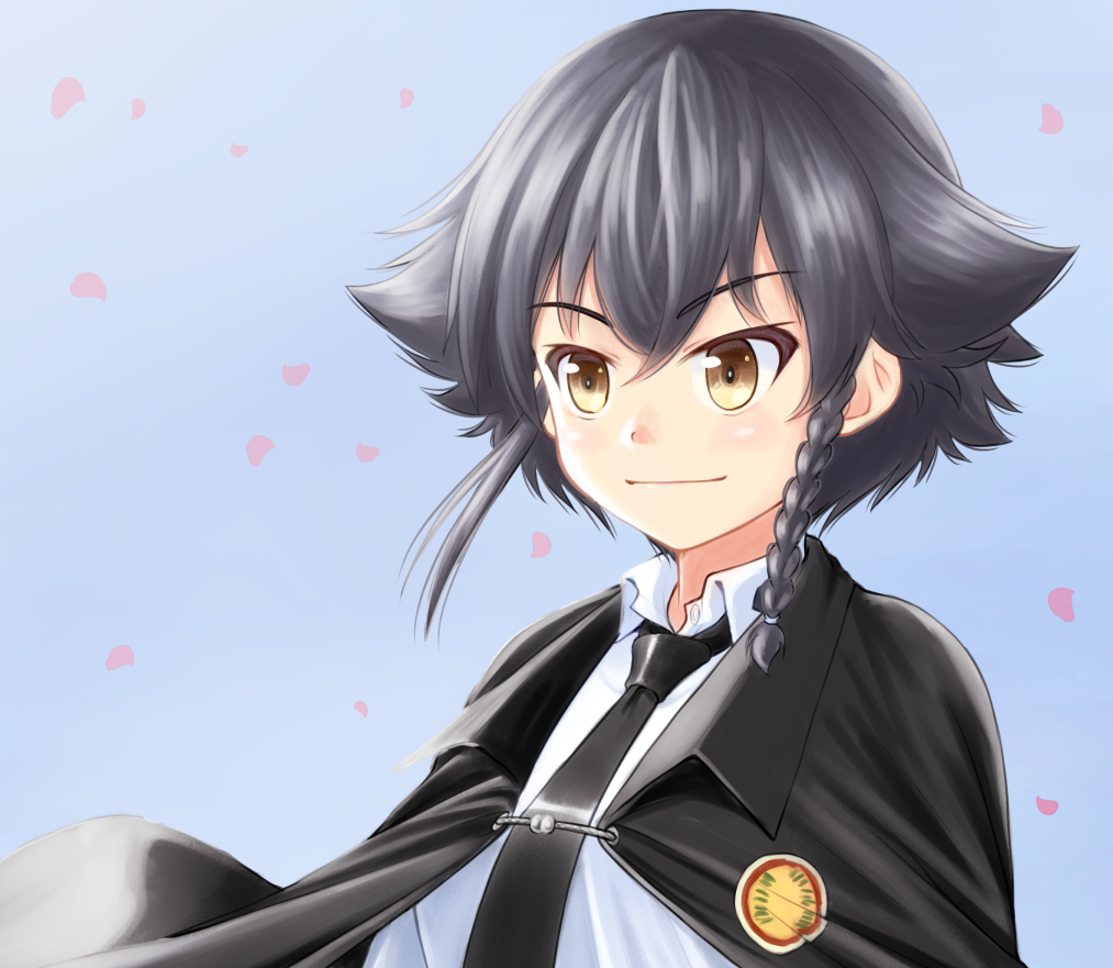 1girl anchovy anchovy_(cosplay) anzio_(emblem) anzio_school_uniform bangs black_hair black_neckwear blue_sky braid brown_eyes cherry_blossoms clear_sky closed_mouth commentary cosplay dress_shirt emblem eyebrows_visible_through_hair girls_und_panzer looking_to_the_side necktie pepperoni_(girls_und_panzer) petals portrait ruka_(piyopiyopu) school_uniform shirt short_hair side_braid sky smile solo white_shirt