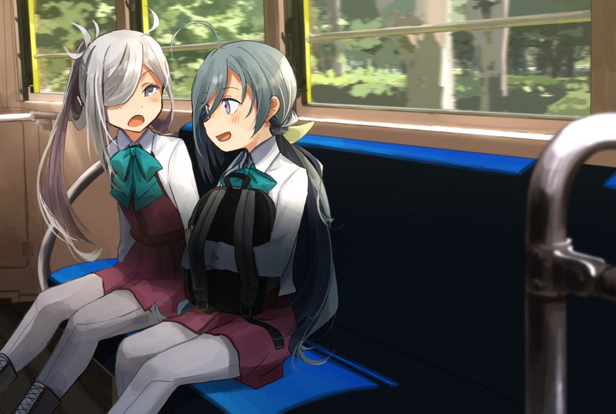 2girls ahoge annin_musou asashimo_(kantai_collection) backpack bag blurry boots bow bowtie commentary_request cross-laced_footwear depth_of_field dress feet_out_of_frame grey_eyes grey_hair grey_legwear hair_bun hair_over_one_eye halterneck kantai_collection kiyoshimo_(kantai_collection) lace-up_boots long_hair low_twintails multiple_girls open_mouth pantyhose ponytail school_uniform shirt silver_hair sitting sleeveless sleeveless_dress train_interior twintails very_long_hair white_shirt window