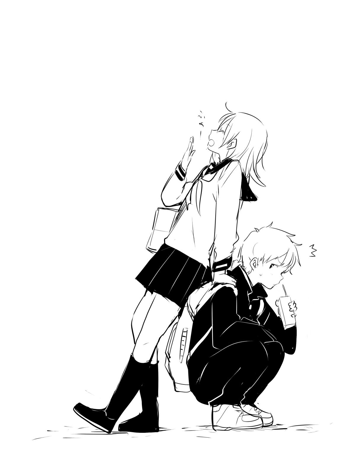 /\/\/\ 1boy 1girl backpack bag commentary_request eyes_closed from_side gakuran greyscale hand_on_another's_shoulder hand_up high_contrast highres holding juice_box kneehighs leaning_on_person long_sleeves medium_hair miniskirt monochrome neckerchief original pants pleated_skirt school_bag school_uniform serafuku shoes simple_background skirt squatting taneda_yuuta translation_request white_background yawning