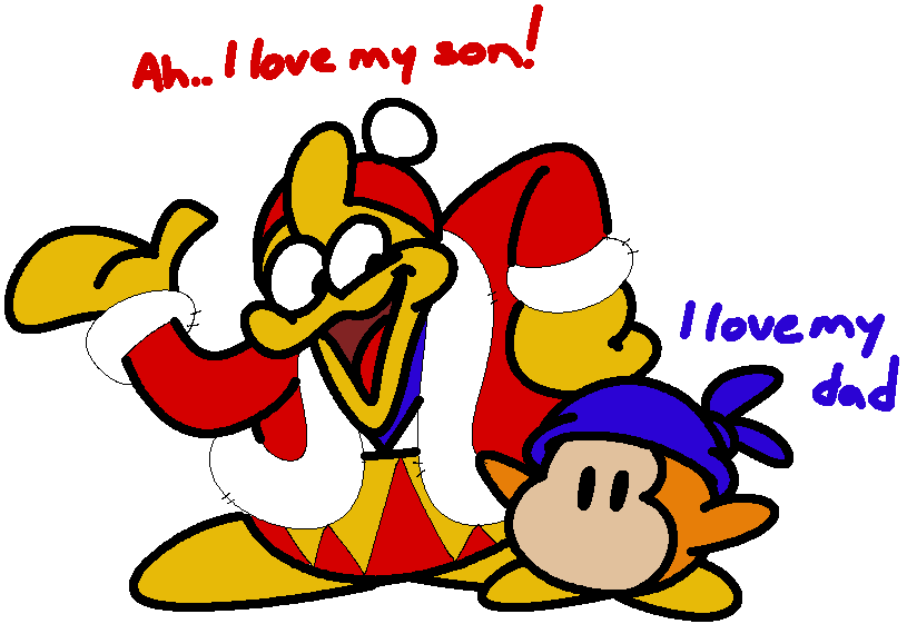 avian bandana_waddle_dee bandanna bird clothing duo english_text father father_and_son gloves hat humanoid king_dedede kirby_(series) male nintendo parent penguin size_difference son text video_games vilepluff waddle_dee waddling_head