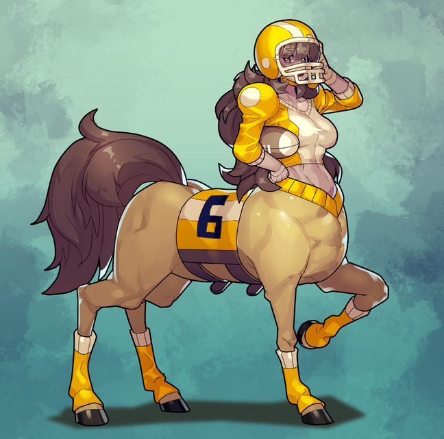 1girl ball bangs breasts brown_hair centaur fengmo football football_helmet full_body hand_on_headwear hat helmet holding holding_ball hooves horse_tail large_breasts long_hair long_sleeves looking_at_viewer midriff monster_girl original shoulder_pads socks solo sportswear tail yellow_headwear yellow_legwear