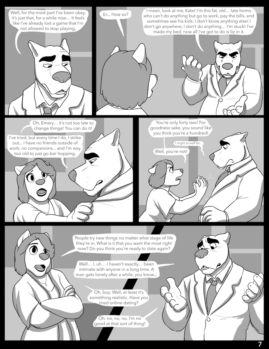 canid canine canis clothed clothing comic domestic_dog duo emery_waldren english_text female jackaloo kathleen_hallpont male mammal necktie speech_bubble text