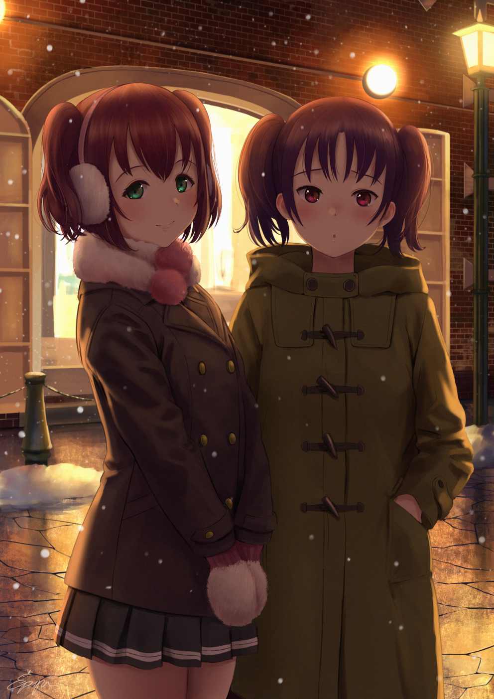 2girls :o blush brown_coat building coat double-breasted earmuffs fur_collar green_coat green_eyes hand_in_pocket hands_together highres kazuno_leah kurosawa_ruby lamppost long_sleeves looking_at_viewer love_live! love_live!_sunshine!! miniskirt mittens multiple_girls night outdoors papi_(papiron100) pleated_skirt purple_hair red_eyes red_hair signature skirt smile snow snowing twintails two_side_up winter winter_clothes