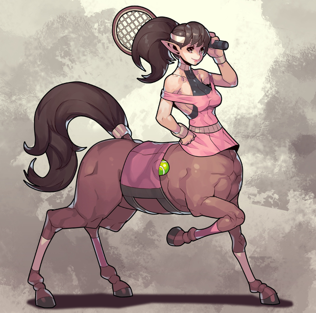 1girl ball bangs brown_hair centaur fengmo full_body halterneck hand_on_hip hooves horse_tail leg_up looking_at_viewer monster_girl off_shoulder original over_shoulder pink_shirt pointy_ears ponytail racket shirt smile solo sportswear tail tennis tennis_ball tennis_racket