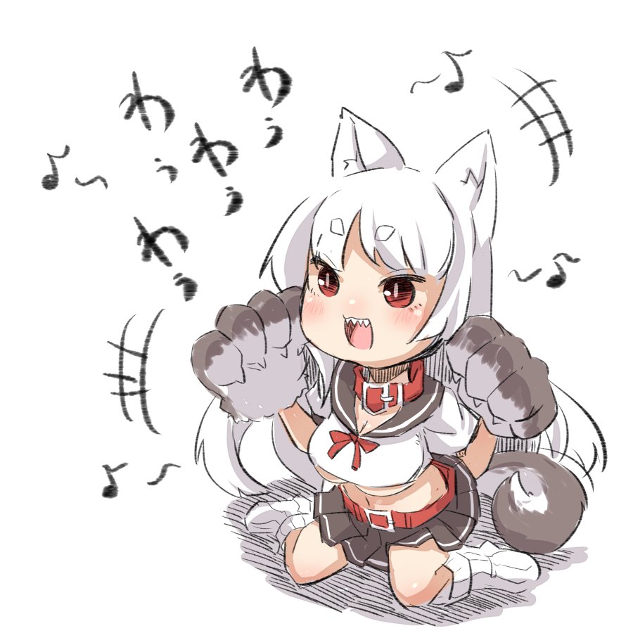 +++ 1girl :d animal_ears azur_lane belt belt_buckle belt_collar blush breasts brown_sailor_collar brown_skirt buckle cleavage collar commentary_request crop_top eighth_note gloves hands_up long_hair loose_socks midriff musical_note navel no_shoes open_mouth paw_gloves paws pleated_skirt red_belt red_collar red_eyes sailor_collar school_uniform serafuku shadow sharp_teeth shirt short_eyebrows sitting skirt smile solo tail teeth thick_eyebrows translation_request u-non_(annon'an) underbust v-shaped_eyebrows very_long_hair wariza white_background white_hair white_legwear white_shirt wolf_ears wolf_girl wolf_tail yuudachi_(azur_lane)