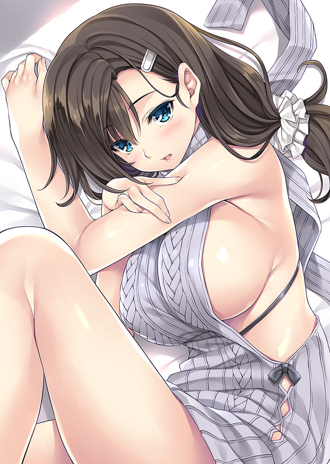 1girl backless_dress backless_outfit bangs bare_shoulders blue_eyes blush breasts brown_hair dress grey_sweater hair_ornament hairclip large_breasts long_hair looking_at_viewer lying meme_attire mizuhara_yuu naked_sweater on_side original parted_lips ribbed_sweater sideboob solo sweater sweater_dress thighs tied_hair turtleneck turtleneck_sweater virgin_killer_sweater