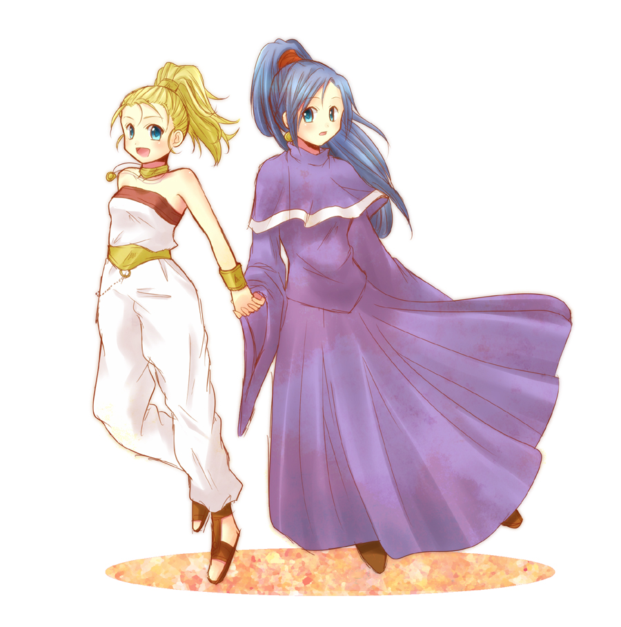 1girl 2girls aqua_eyes baggy_pants bare_shoulders blonde_hair bloom blue_eyes blue_hair breasts choker chrono_trigger cleavage dress earrings evergreen_(kate) fantasy green_eyes hair_strand hand_on_hip hoop_earrings jewelry large_breasts light_blue_eyes light_blue_hair lips long_hair marle multiple_girls necklace open_mouth pants ponytail purple_dress realistic sash schala_zeal smile solo younger