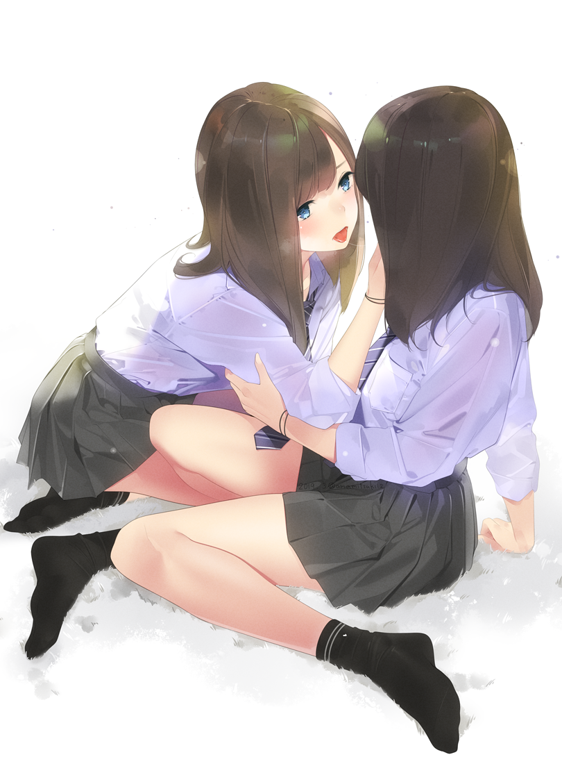 2girls after_kiss ama_mitsuki arm_support bangs bare_legs black_hair black_legwear black_skirt blue_eyes collared_shirt incest long_hair long_sleeves looking_at_another miniskirt multiple_girls necktie no_shoes original pleated_skirt saliva saliva_trail school_uniform shirt shirt_tucked_in siblings sitting skirt socks striped striped_neckwear thighs tongue tongue_out twincest twins white_shirt yuri