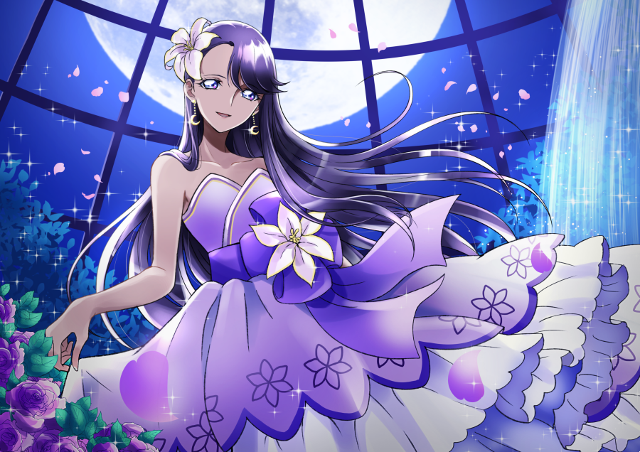 1girl bow collarbone crescent crescent_earrings dress earrings flower full_moon hair_flower hair_ornament heartcatch_precure! jewelry lily_(flower) long_hair looking_at_viewer moon night object_namesake petals precure purple_bow purple_dress purple_eyes purple_flower purple_hair purple_rose purple_theme rose skirt_hold smile solo tsukikage_oyama tsukikage_yuri waist_bow window