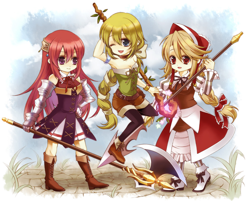 3girls :d aqua_eyes arm_at_side armlet armor armored_dress axe bag bare_shoulders black_choker black_legwear blonde_hair blush blush_stickers bonnet boots bow bracelet braid breasts brown_eyes choker cleavage closed_mouth cloud collarbone cordelia_(saga) corset cowboy_shot cropped_legs cross-laced_clothes day dress dutch_angle elbow_gloves eyebrows_visible_through_hair fantasy floral_background flower from_side gauntlets gloves grass green_eyes green_hair hair_bow hair_ornament hair_ribbon hand_on_hip happy head_scarf janne1230 jewelry knee_boots legwear_under_shorts light_green_hair light_smile long_hair looking_at_viewer looking_away lying medium_breasts midriff multi-tied_hair multiple_girls one_eye_closed open_mouth outdoors pantyhose polearm ponytail pouch premiere primiera_(saga) red_flower red_hair red_rose red_skirt ribbon rose saga saga_frontier_2 shorts skirt sky small_breasts smile solo spear staff thigh_boots thighhighs traditional_media twin_braids very_long_hair virginia_knights weapon