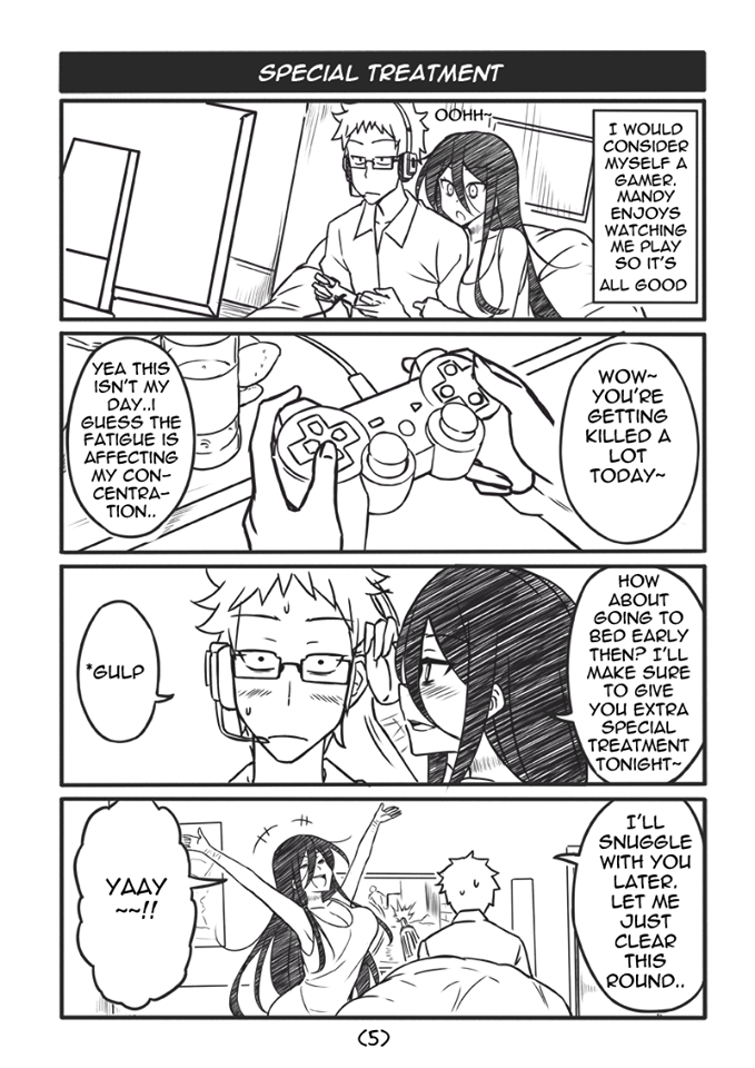 1boy 1girl 4koma bean_bag_chair black_hair blush breasts chips comic cup english_text food game_console glasses headset jitome large_breasts long_hair monochrome original peach_(momozen) playstation_2 poster_(object) scar spiked_hair television video_game wrist_cutting