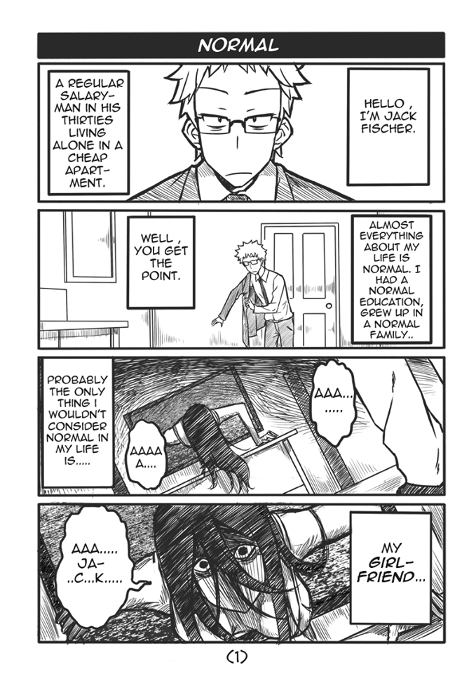 1boy 1girl 4koma black_hair breasts coat comic english_text glasses large_breasts long_hair monochrome necktie original peach_(momozen) spiked_hair television the_ring yamamura_sadako